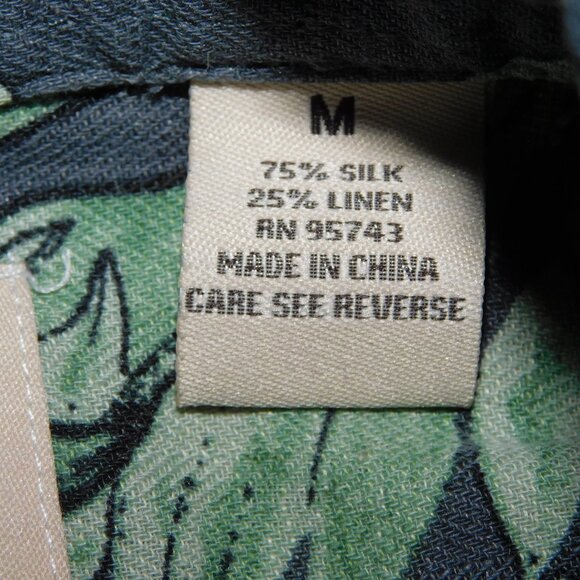 Vintage Silk Mens M Gray Green White Floral Hawaiian Silk Linen Blend Shirt - Picture 5 of 10